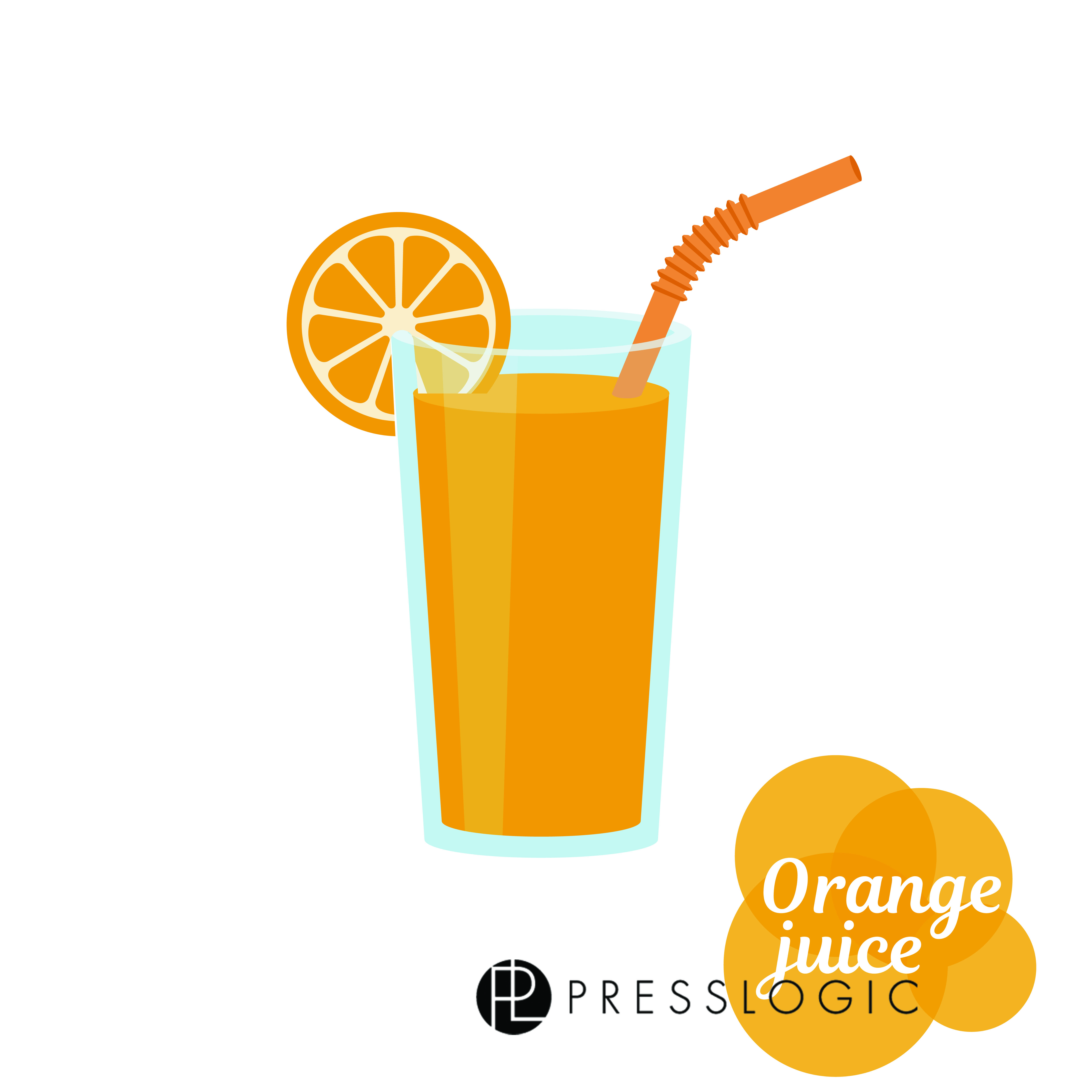 Natural  fresh orange juice in a glass. Orange slice, tube for drinking. Healthy organic food. Citrus fruit. Vector illustration flat design. Isolated on white background. Taking vitamins.