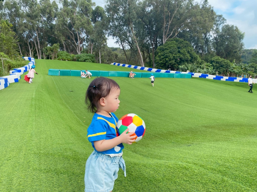 大棠有機生態園滑草梯可讓小朋友體驗滑板樂。