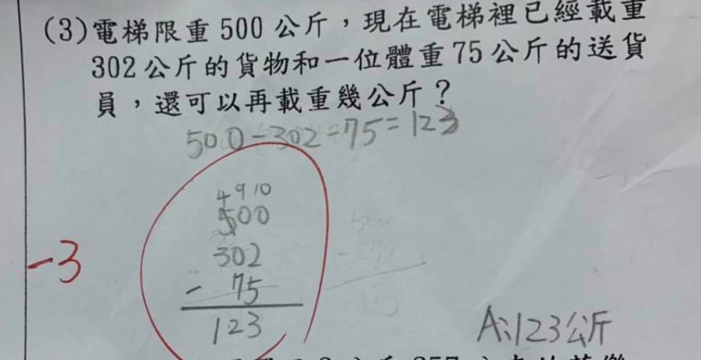 事主的兒子就以橫式「500-302-75=123」解題,並列出自己計算時的直式。