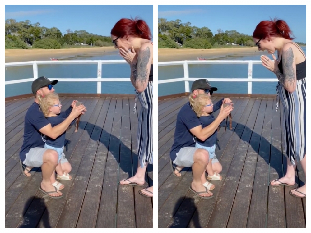 男子策劃帶女兒在碼頭向女友求婚。