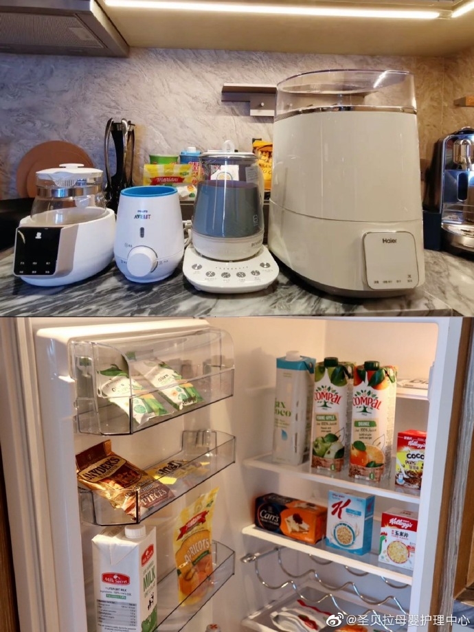 房內設備齊全,如養生壺、溫奶器、全自動咖啡機、滅菌鍋等