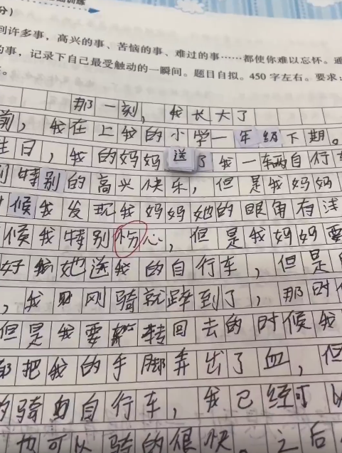 學生的作文功課上有好幾個地方用塗改帶改正過,也出現不少錯別字,但字跡還算工整。