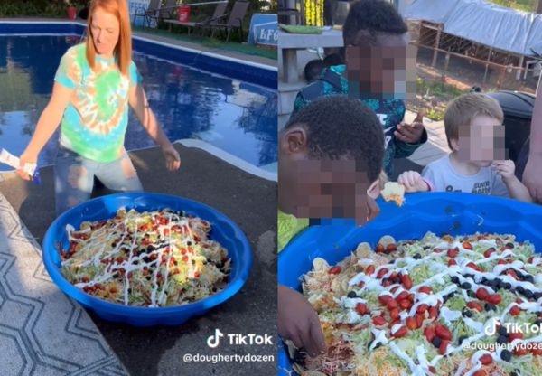 媽媽先拿出一個大水盆,然後將所有食材倒進去