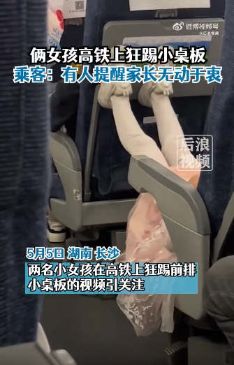 兩名小孩在車廂內狂踢小桌板