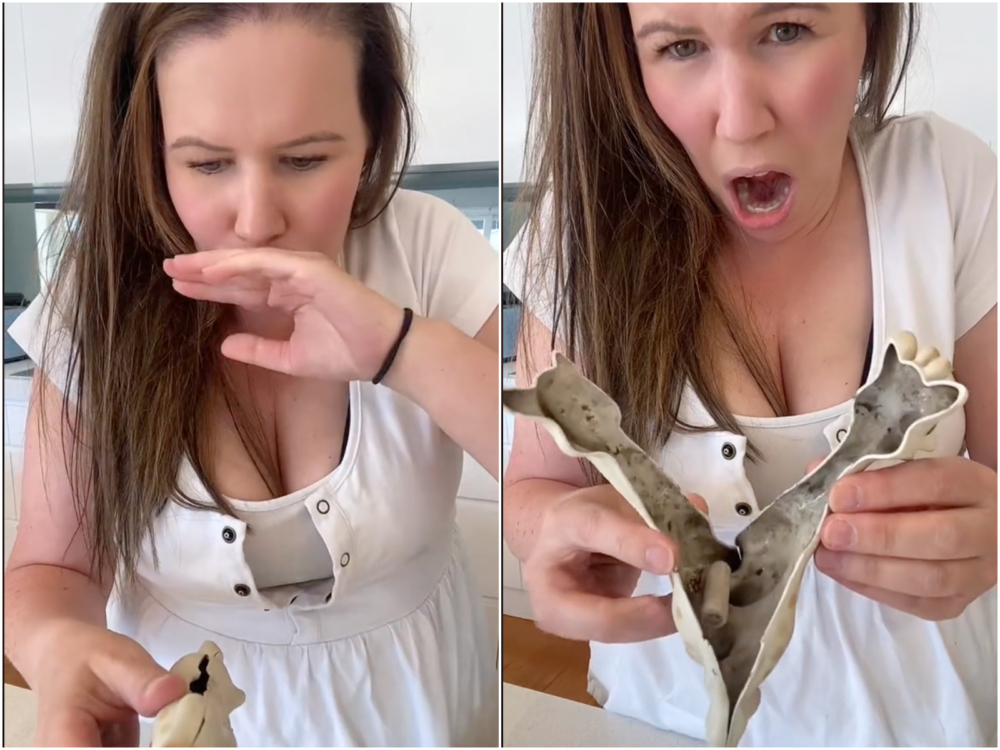 看清長頸鹿內部情況後，媽媽大呼噁心。