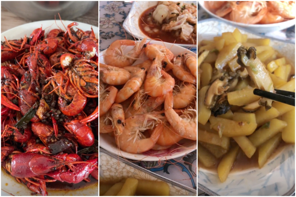 過去博主媽媽天天為兒子準備美味料理，如蝦和鮑魚。