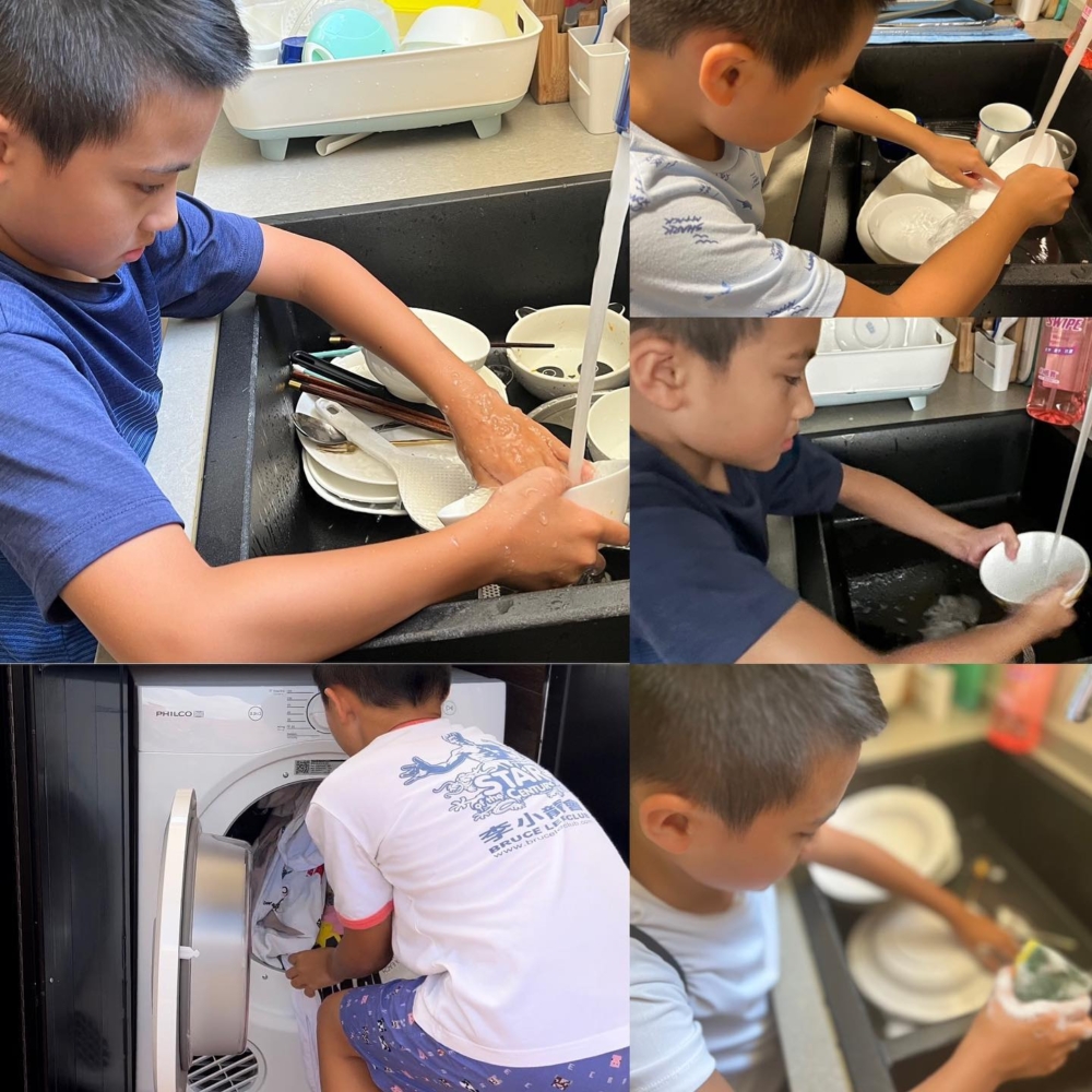 黃依汶於社交平台上發文,表示於今個暑假訓練仔仔陳真做家務。