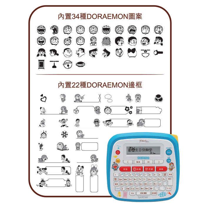 Brother PTD200DR卡通標籤機,內置34種超可愛Doraemon圖案設計及22種Doraemon邊框。