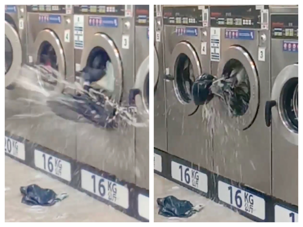 目擊者聽見巨響，接著就看見洗衣機「吐」出一團物體。