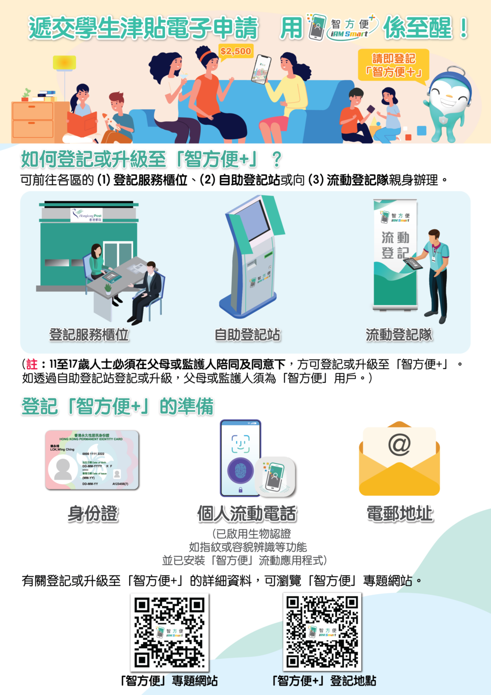 家長可以通過以上方法登記或升級至「智方便+」，方能遞交學生津貼電子申請。