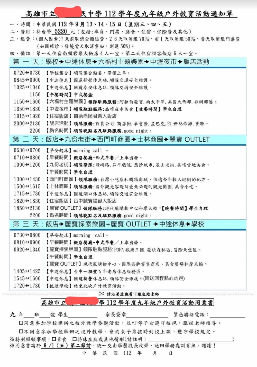 3日目的地中有兩個主題樂園、兩晚夜市、百貨公司、九份老街等地。