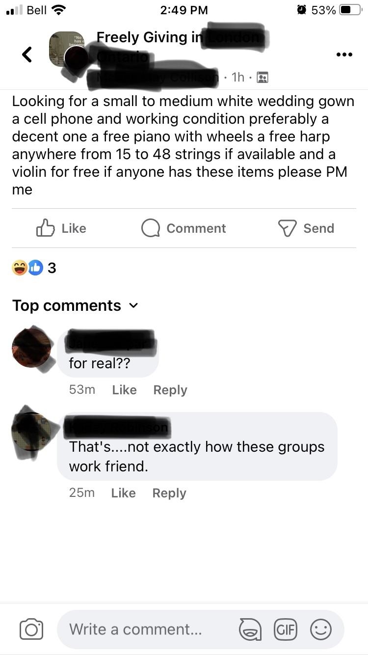 女子在免費捐贈群組發帖，內容讓網民咋舌。