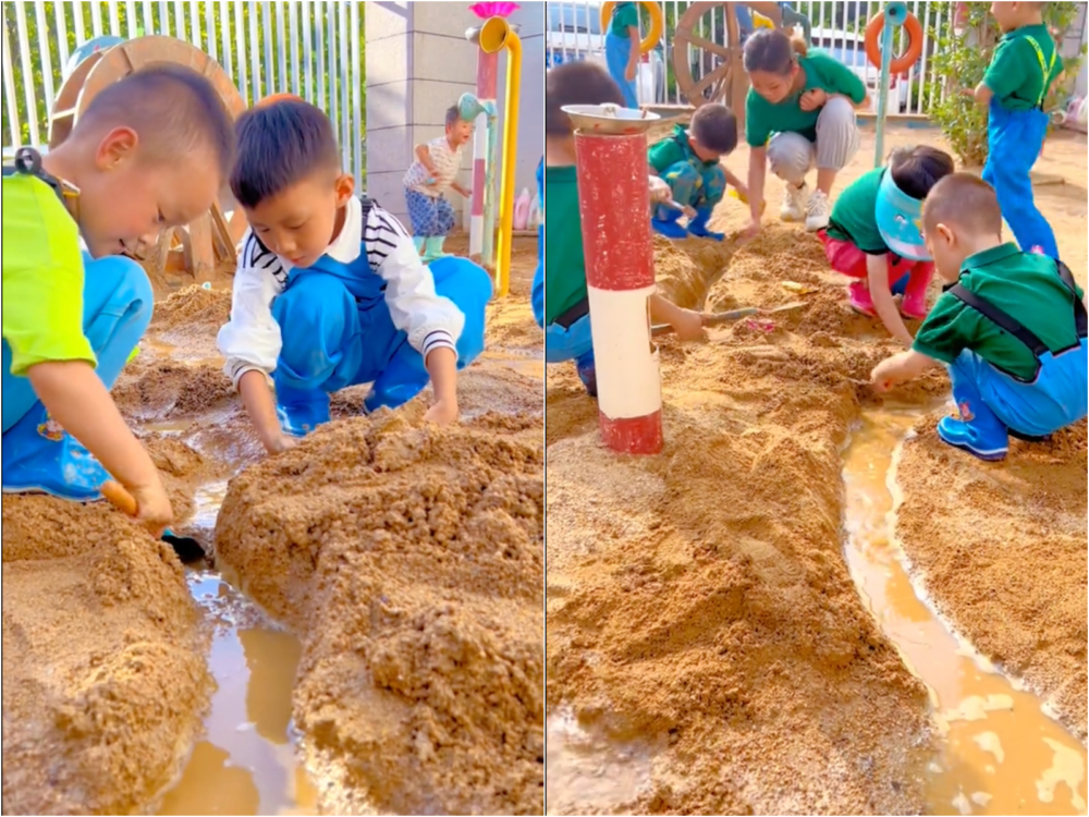 山東省諸城市青藍大風車幼兒園專門給孩子們準備的真沙池。
