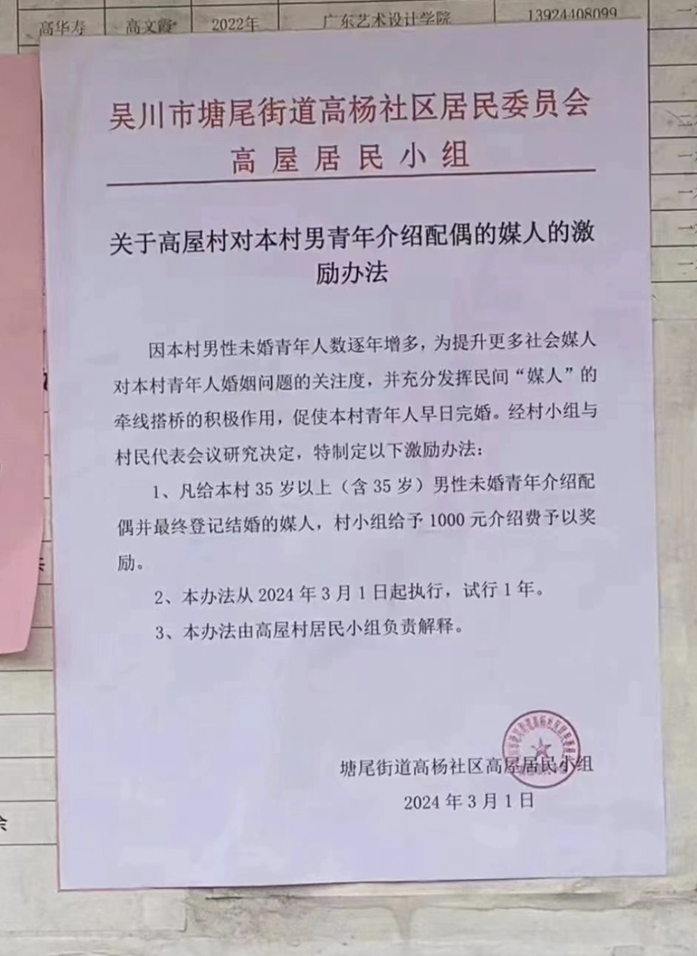 廣東湛江高屋村3月宣布媒人獎勵機制。