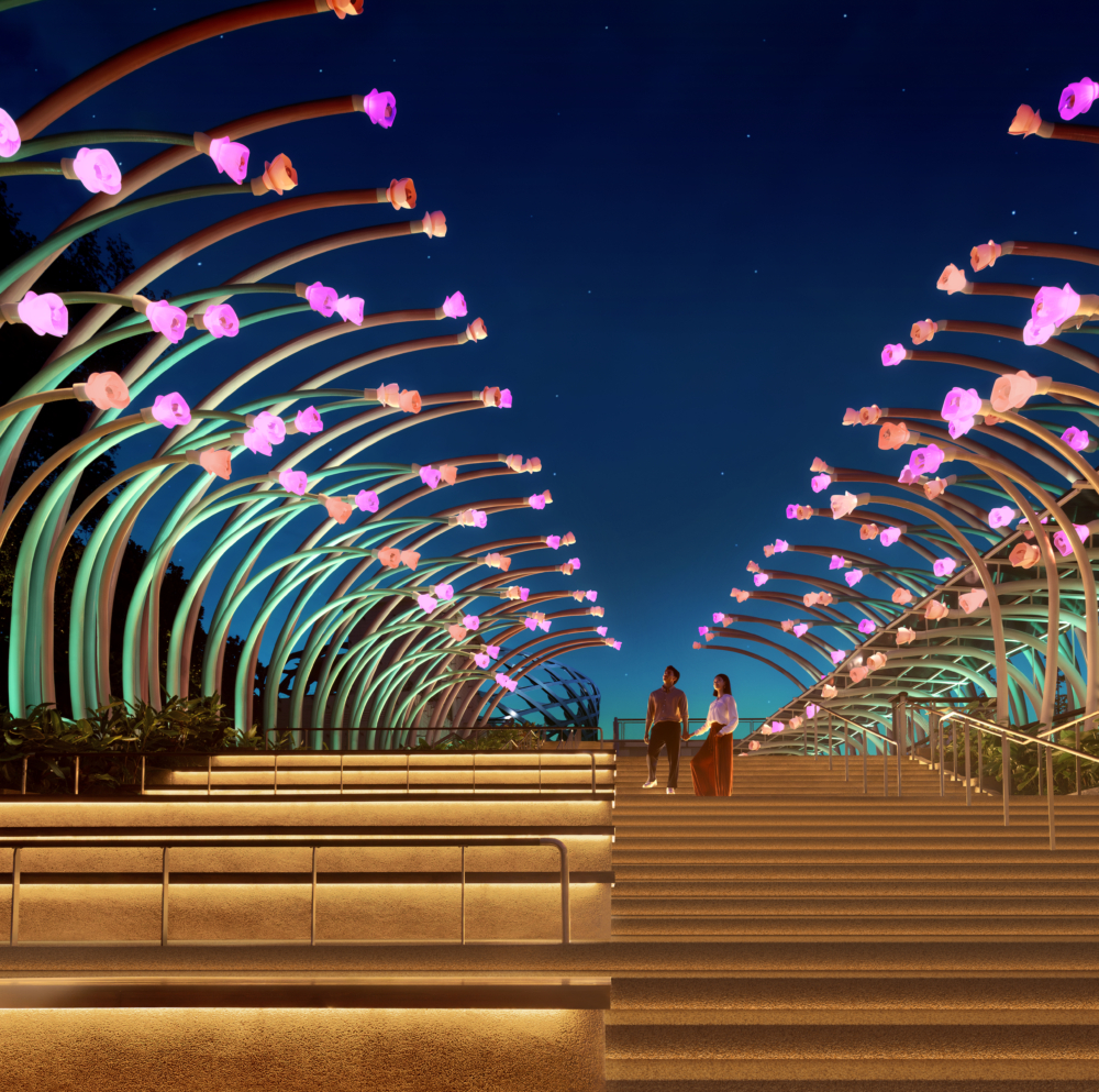 光苑(Glow Garden)兩側有巨型花莖，入夜亮燈後絢麗迷人。