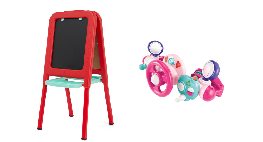 消費滿$5,000，獲贈(左)Early Learning Centre畫架（顏色隨機），價值$750；消費滿$3,000，獲贈(右)Early Learning Centre軚盤玩具，價值$375