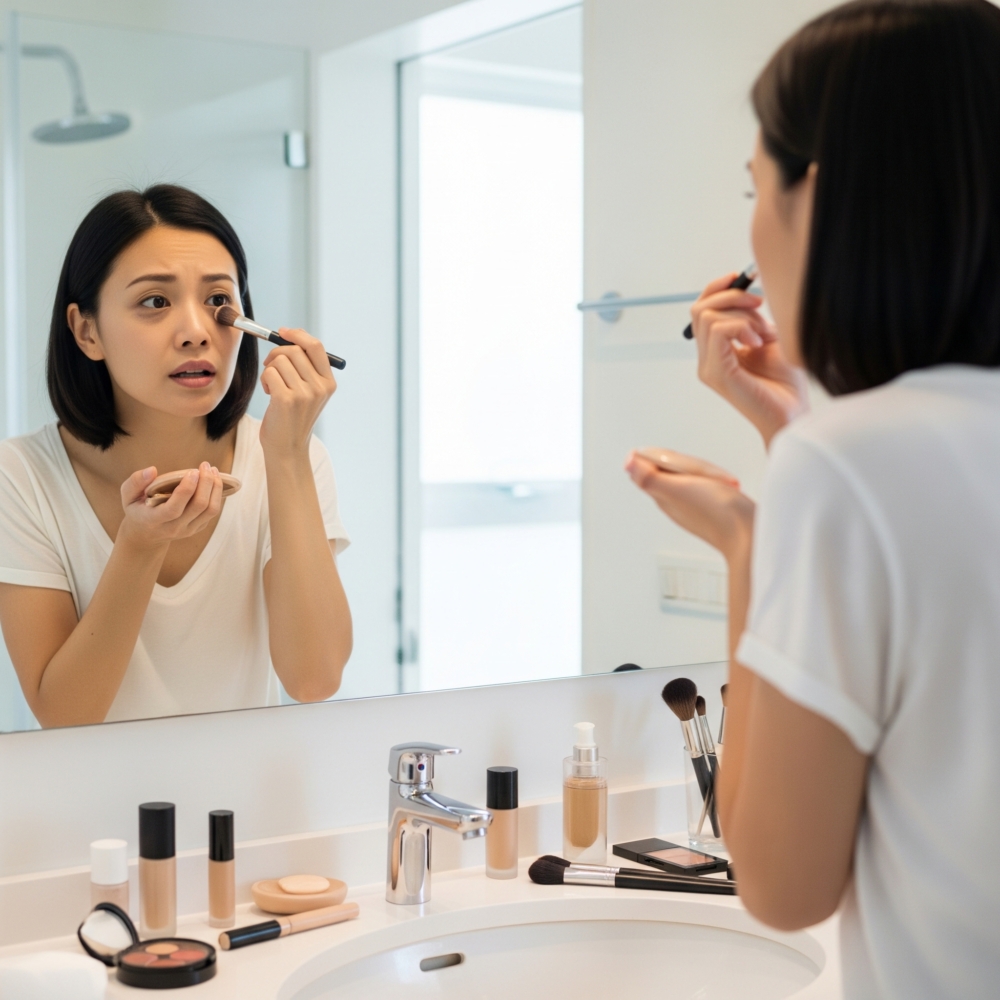 凝視鏡中,即使妝容亦難以遮蓋臉上的疲憊,感覺容貌蒼老了十年 。