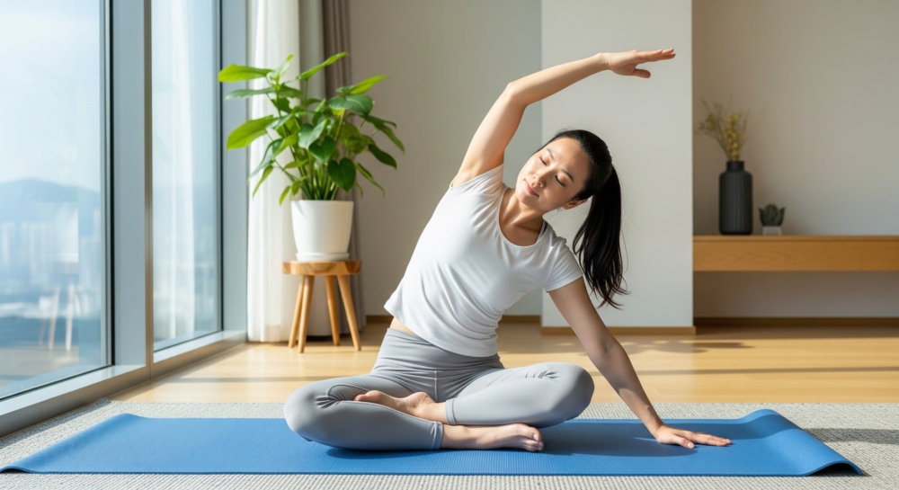 配合腹式呼吸與側彎，助媽媽放鬆肌肉，促進循環，健康恢復