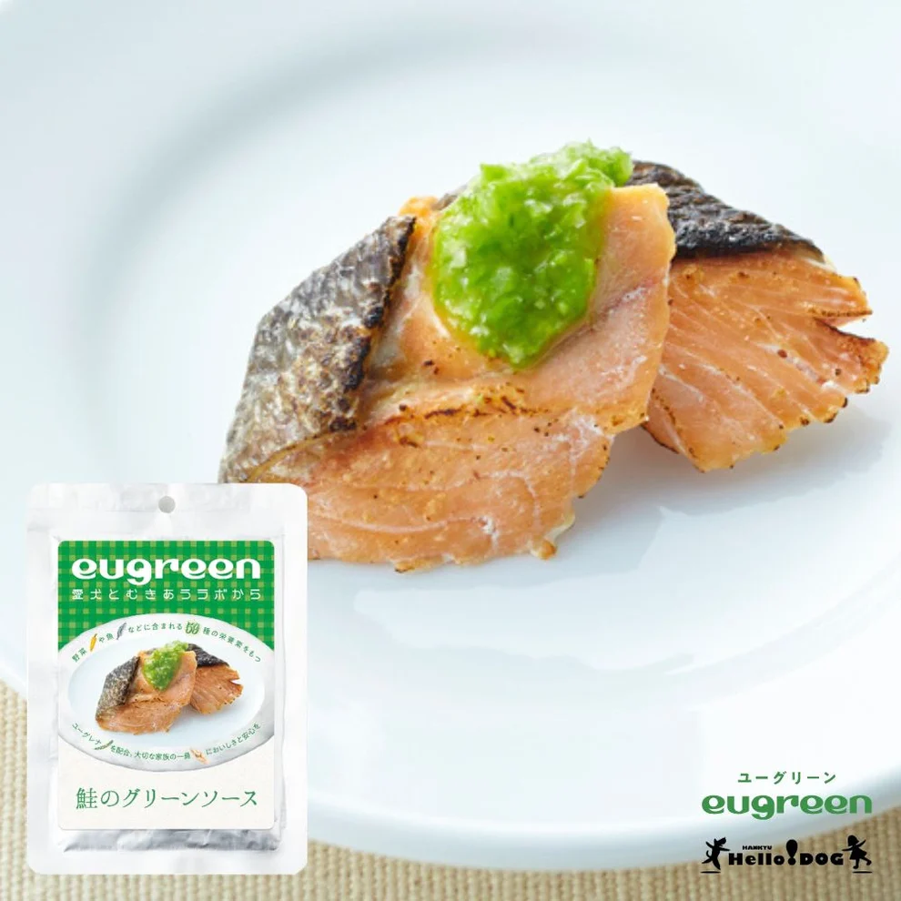 eugreen狗狗常溫鮮食包 - 青醬三文魚柳，嚴選原塊三文魚片，搭配富含59種營養素的超級食物 Euglena。