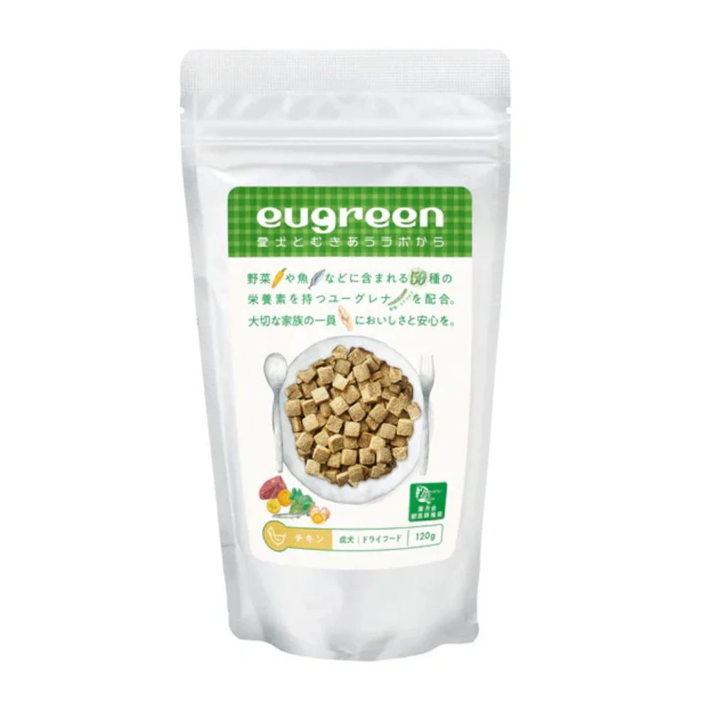 eugreen全齡犬乾糧 - 雞肉配方，高比例九州紅雞搭配超級食物 Euglena，提供 59 種動植物營養素，從內而外全面支持健康。