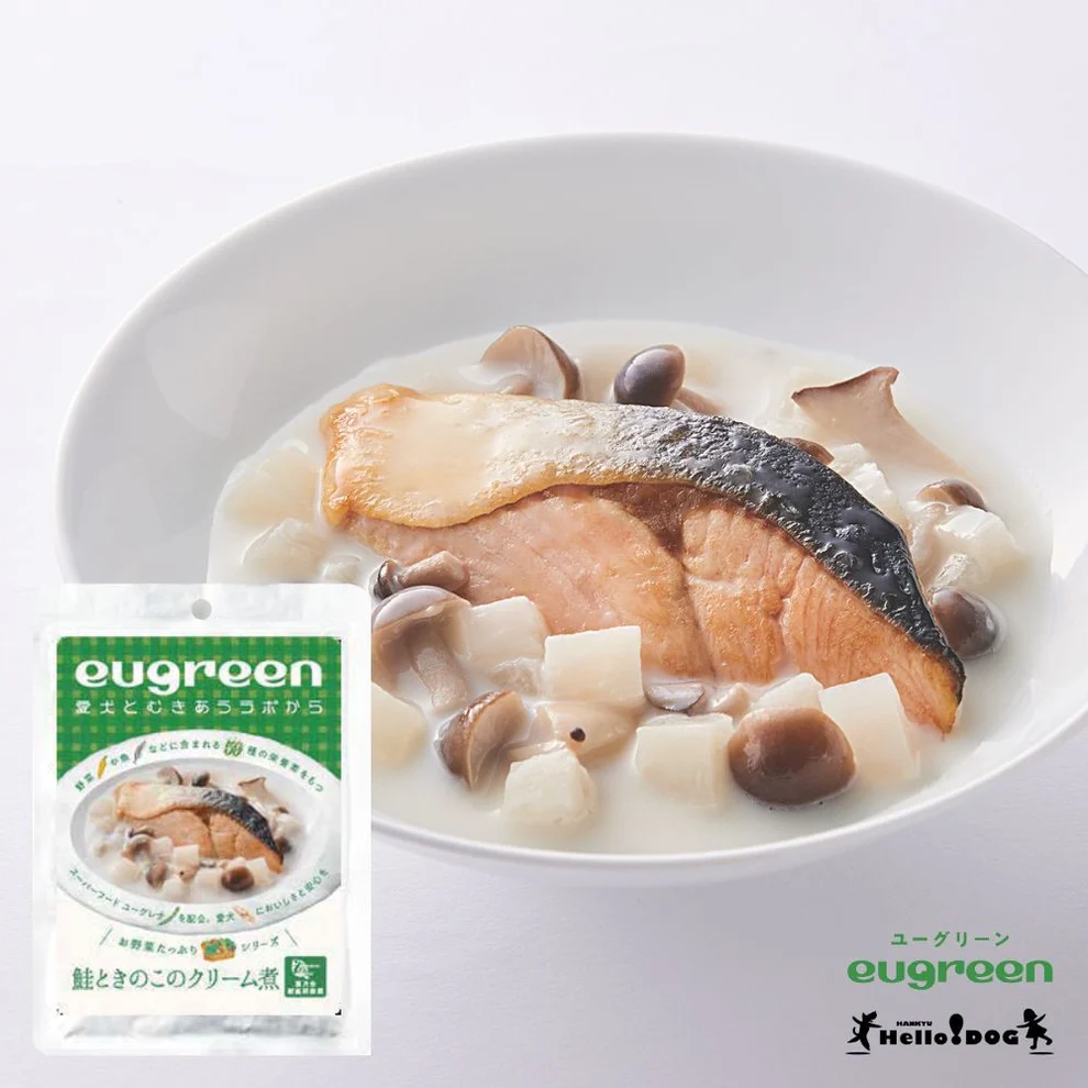 eugreen狗狗常溫鮮食包 - 三文魚蘑菇奶油燉湯，選用鮮美三文魚，搭配姬松茸、金針菇與蘿蔔，加入牛奶燉煮成濃郁奶油湯，提供膳食纖維與鈣質。