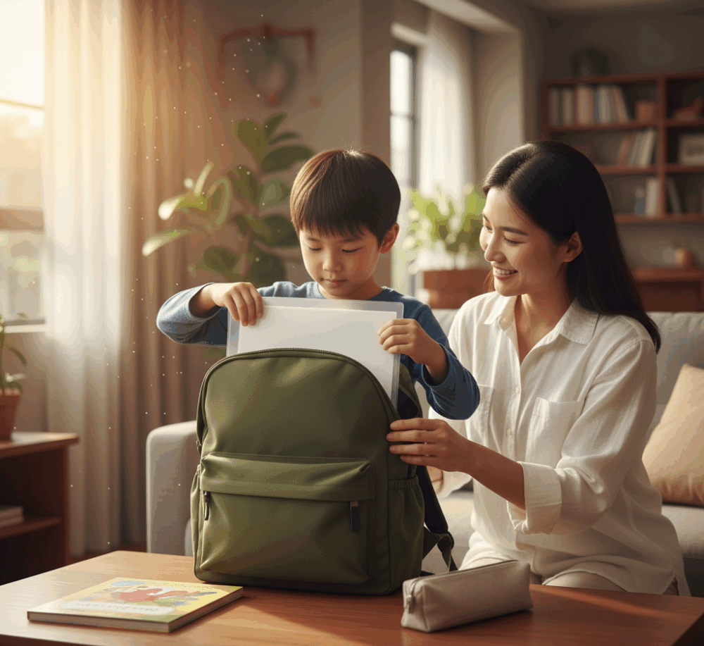 面試前一晚，與孩子一同預備好所有文件及所需物品，有條不紊地收拾書包。