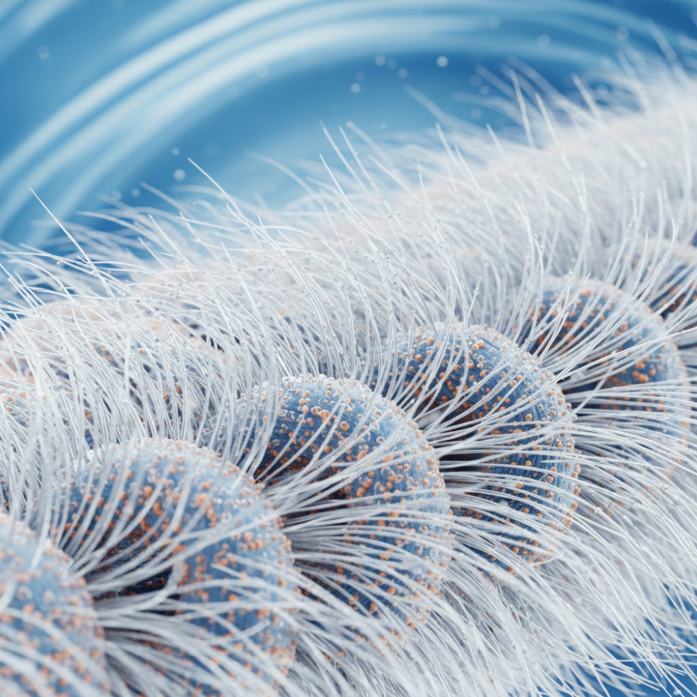 **示意圖** 柔順劑的活性分子會利用正負電荷相吸的原理,自動且均勻地吸附在帶負電的棉質纖維上 。這些分子便會形成一層順滑的隱形保護膜,從根源減少纖維之間的摩擦 。