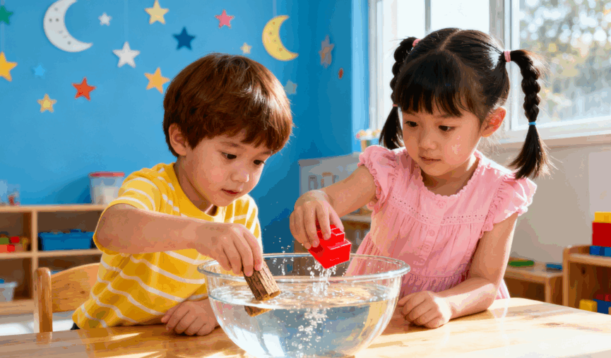 幼兒在科學角中進行浮沉實驗。