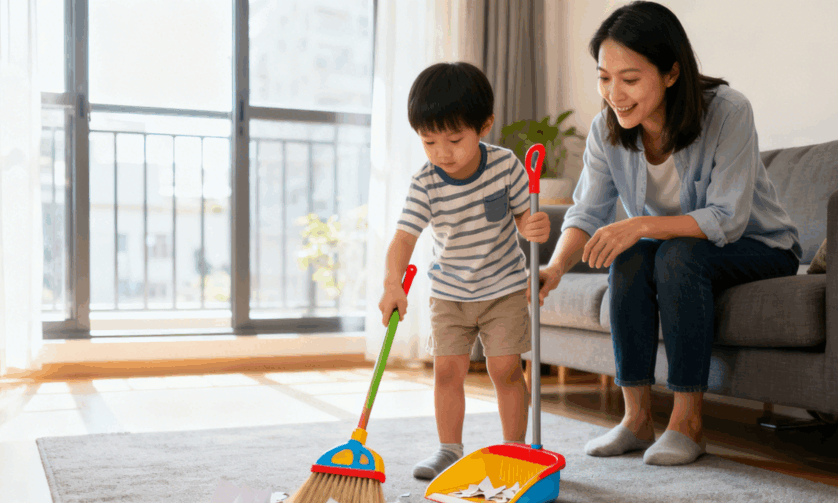 5-6歲的幼兒可以嘗試用小掃帚掃地。