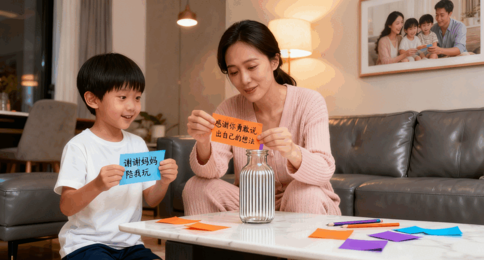 家中可以設立「感恩瓶」，讓家庭成員將感恩事項寫下，放在感恩瓶」內。