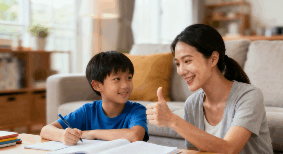 當孩子能準時做功課，家長應把握機會即時讚賞孩子。