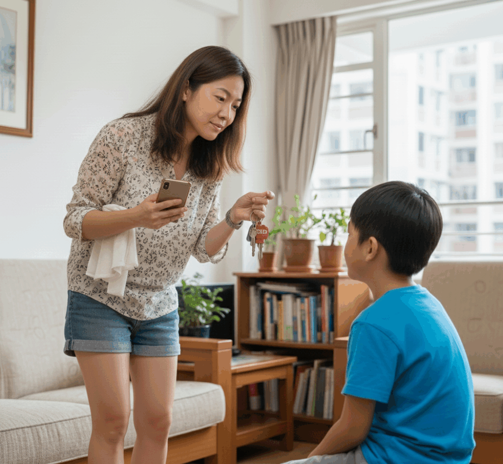 和孩子一起學習發生火警時的逃生方法，例如：發生火警時需帶備「逃生三寶」離開大廈