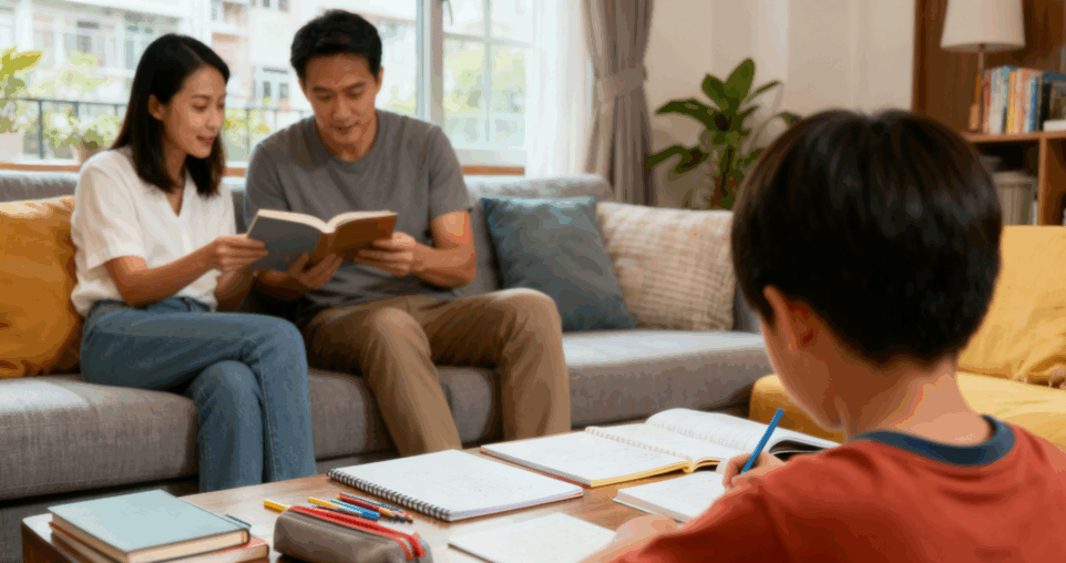 孩子做功課時，父母可以在旁閱讀書本。