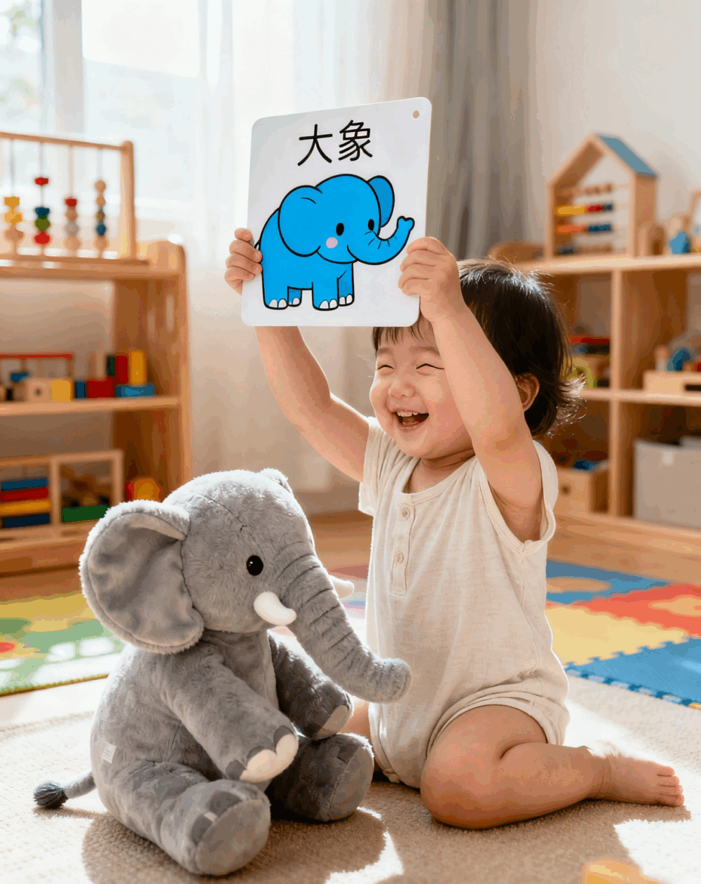 幼兒透過尋寶遊戲將字卡和物件配對，能夠提升他們的學習興趣。