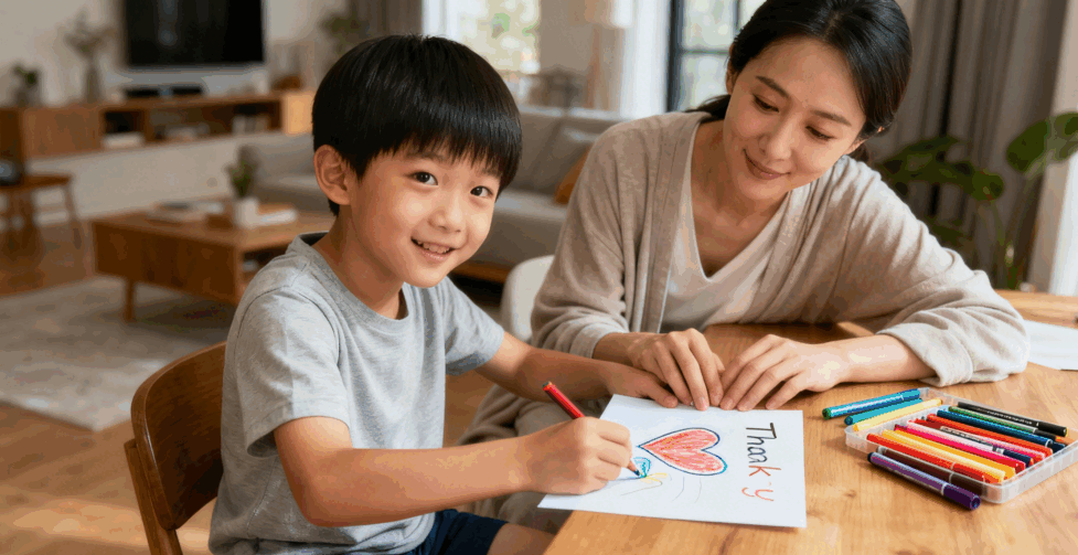 孩子製作一張感謝卡，用行動表達感謝之情。