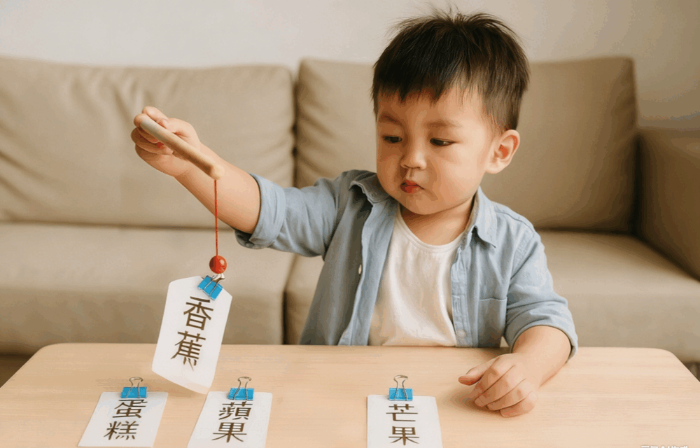 幼兒釣起字卡後，需要正確地讀出詞語才可以得分。