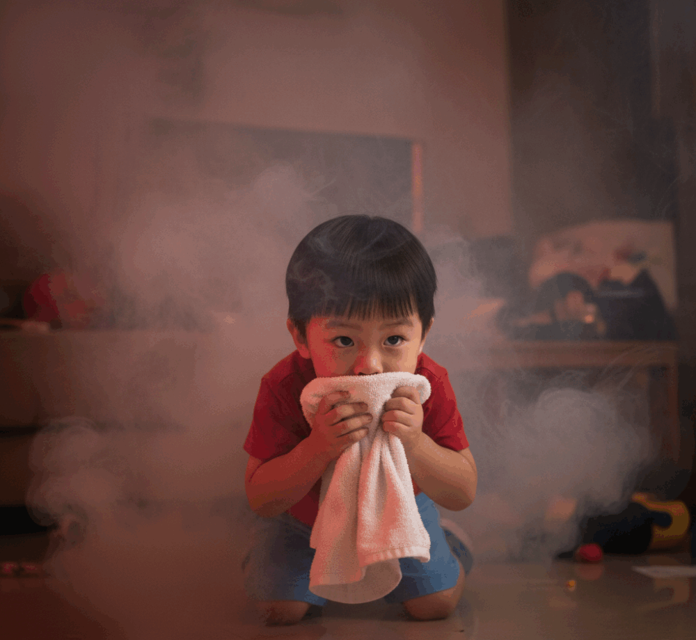 火災時煙霧比火焰更危險，孩子要懂得彎腰、用濕毛巾或衣物掩住口鼻。