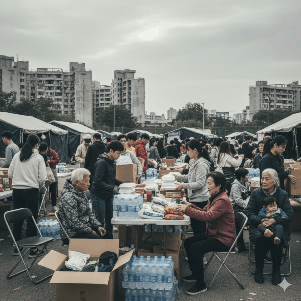 熱心街坊自發收集應急物資，齊心協助災民，展現了社會守望相助的精神