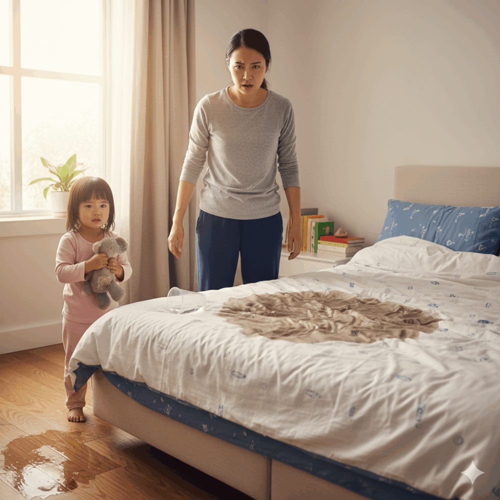 媽媽在拉拉鍊時，女兒卻一不小心就把身邊的的水杯踢倒，水濺到剛換好的床單上