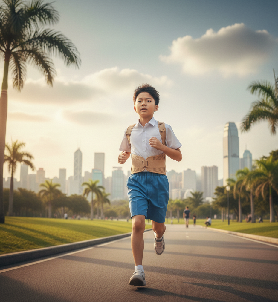 因為男孩不滿意自己的坐姿和站姿，於是整天佩戴寒背帶，甚至在跑步、踩單車等運動時也不脫下。