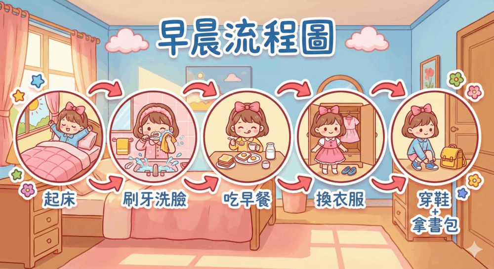 只要將流程圖貼在顯眼位置。孩子只需跟着流程做，能減少混亂。