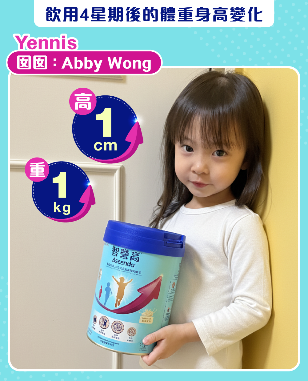 Abby飲用4星期高1cm、重1kg！