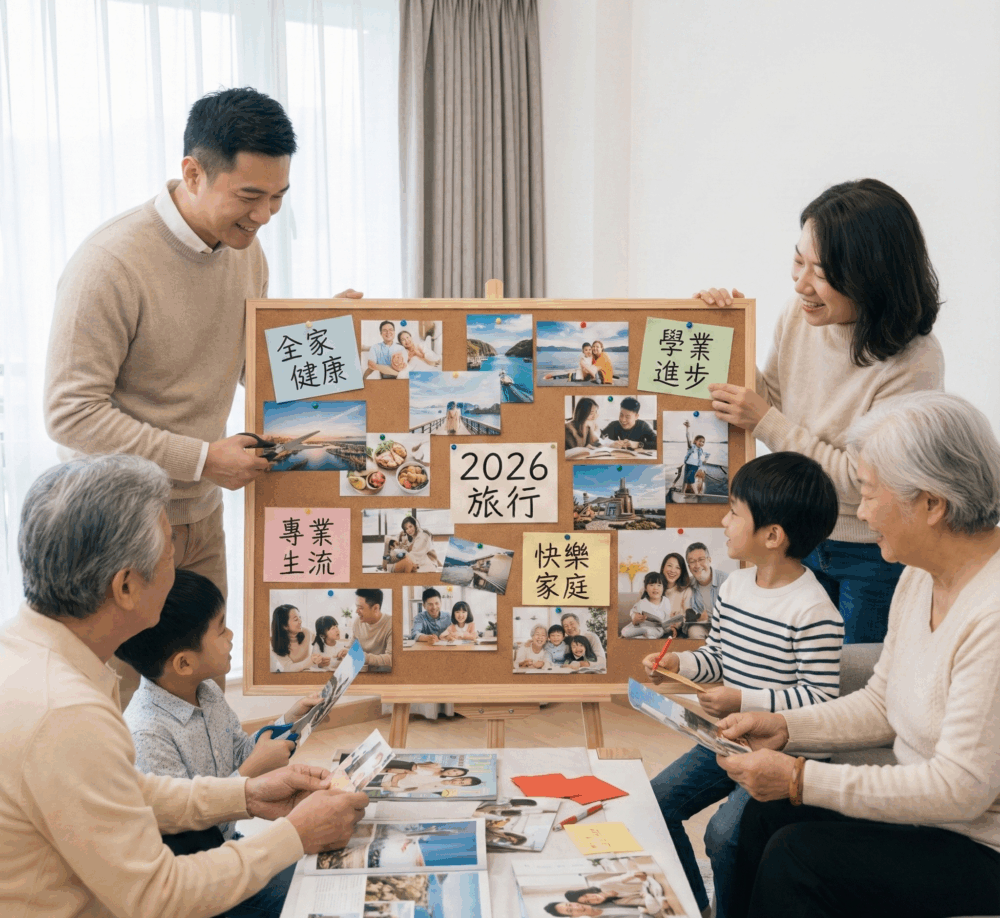 可以準備一塊板或硬卡紙，一家人合作貼上照片、圖畫，或者寫下每個人的新年目標與願望，製作成家庭願景板。