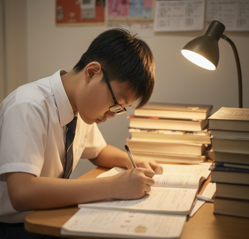 男孩因長時間低頭溫習而影響體態。