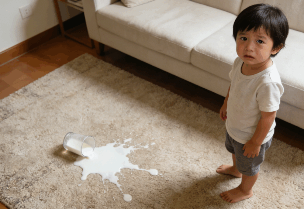 孩子打翻飲品，家長可以請孩子協助清理地上的飲品。