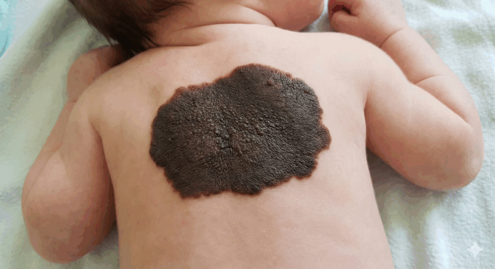 外觀呈均勻的黑色或深褐色，表面可能平坦或稍微隆起，有時上面會長出毛髮