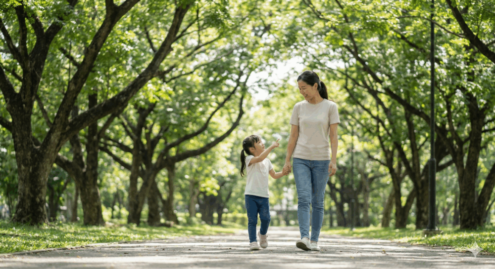 戶外活動不需直曬陽光，樹蔭下或走廊等處接收散射光即可