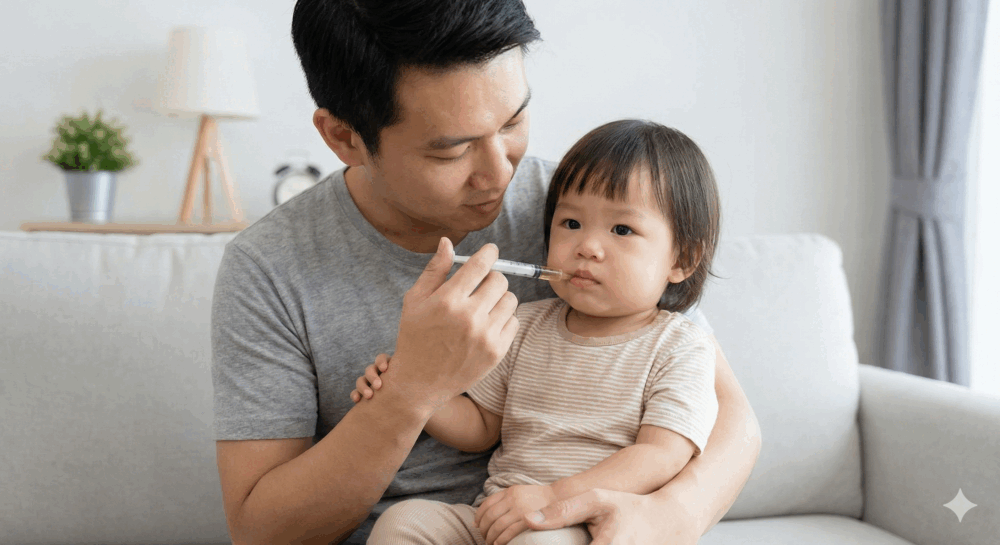 請使用滴管或無針頭針筒，沿著嘴角輕輕伸入，將藥水注入這個縫隙