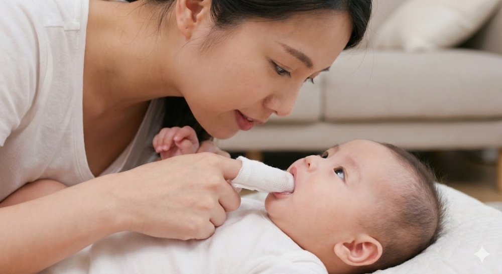 給0~6個月大的BB喝完奶後，用紗布巾輕輕擦拭牙齦