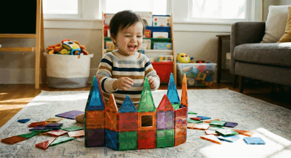 孩子通常會被磁力片「能接起來」這件事吸引，一片片排開、組合，本身就能玩很久